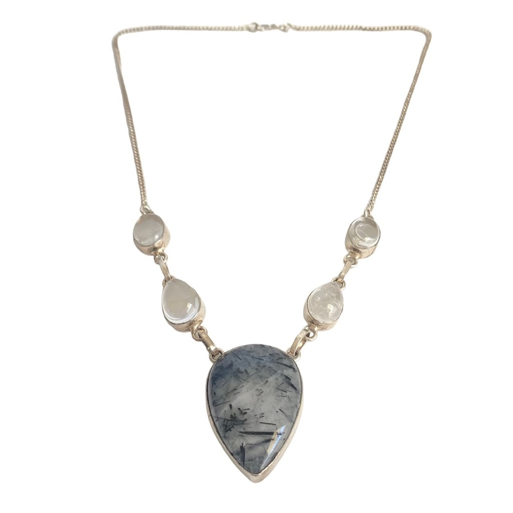 Vintage Rutilated Quartz Necklace Silver Chain Station Bib Clear Stone Gemstone